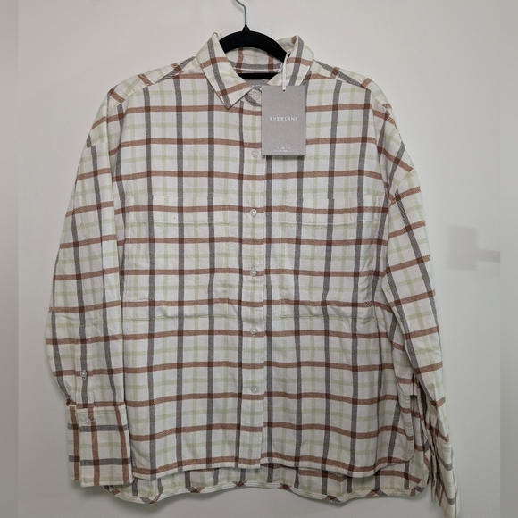 NWT Everlane Plaid Flannel Shirt XS Cream Green Brown Cabincore Cozy Minimalist - Picture 3 of 5
